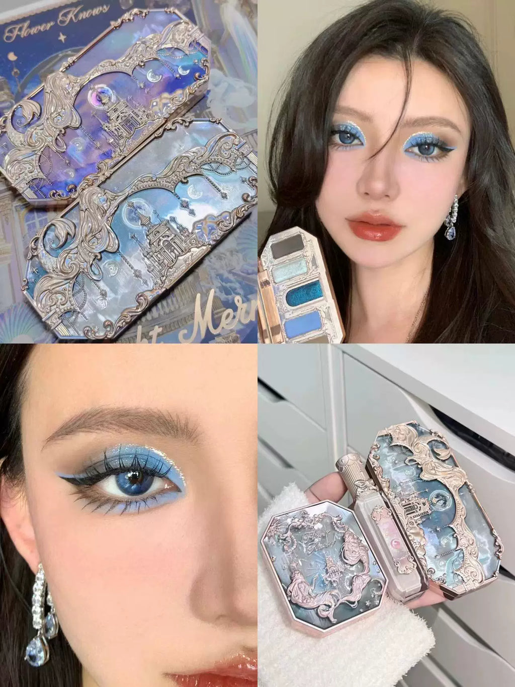Flower Knows Moonlight Mermaid Eyeshadow Palette 05 Moonlight Country Matte Pearlescent Chameleon Play Makeup Blue Eyeshadow Earth Color